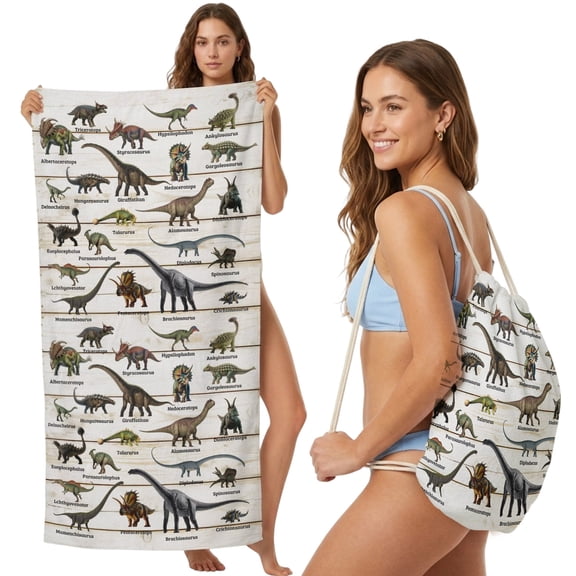 Dinosaurs 2-in-1 Beach Towel Backpack,Quick Dry Beach Towel Blanket Bag,Natural Primitive Wild Animals Wood Grain Portable Bath Pool Yoga Swim Picnic Camping Towels Travel Essential 27.6x55 Inches
