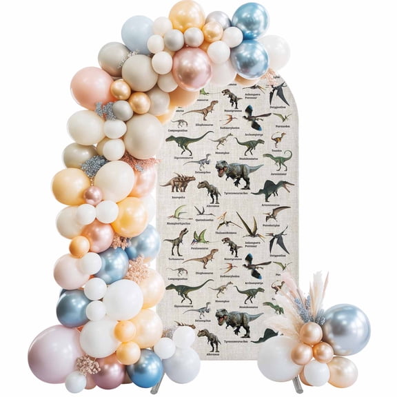 Dinosaurs Arch Backdrop Cover 4 FT Vintage Major Dinosaur Groups of Jurassic Era Animals Linen Texture Stretchy Arch Stand Covers Spandex Arched Background Birthday Wedding Decoration (No Stand)
