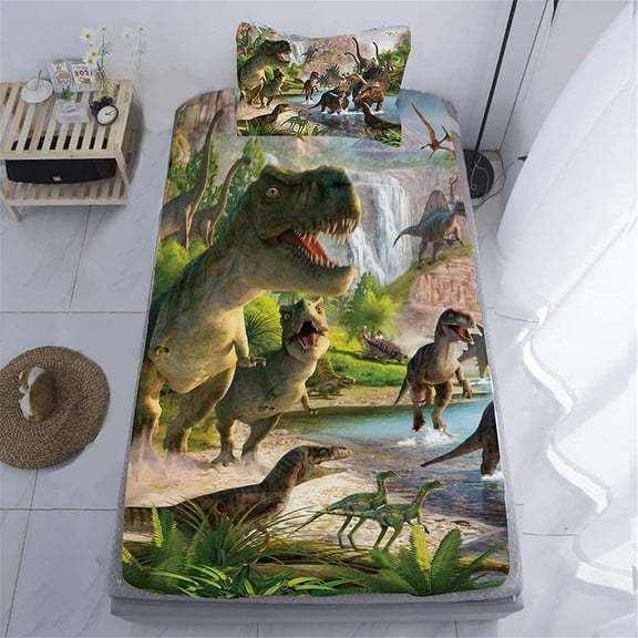 Dinosaurs Bed Sheets Twin for Boys,3D Realistic Dinosaur Green Fitted Sheets Set Ancient Jungle Dinosaur Bed Sheet Kids Soft Microfiber Bedding Sheets Set,Twin Size(2pc)