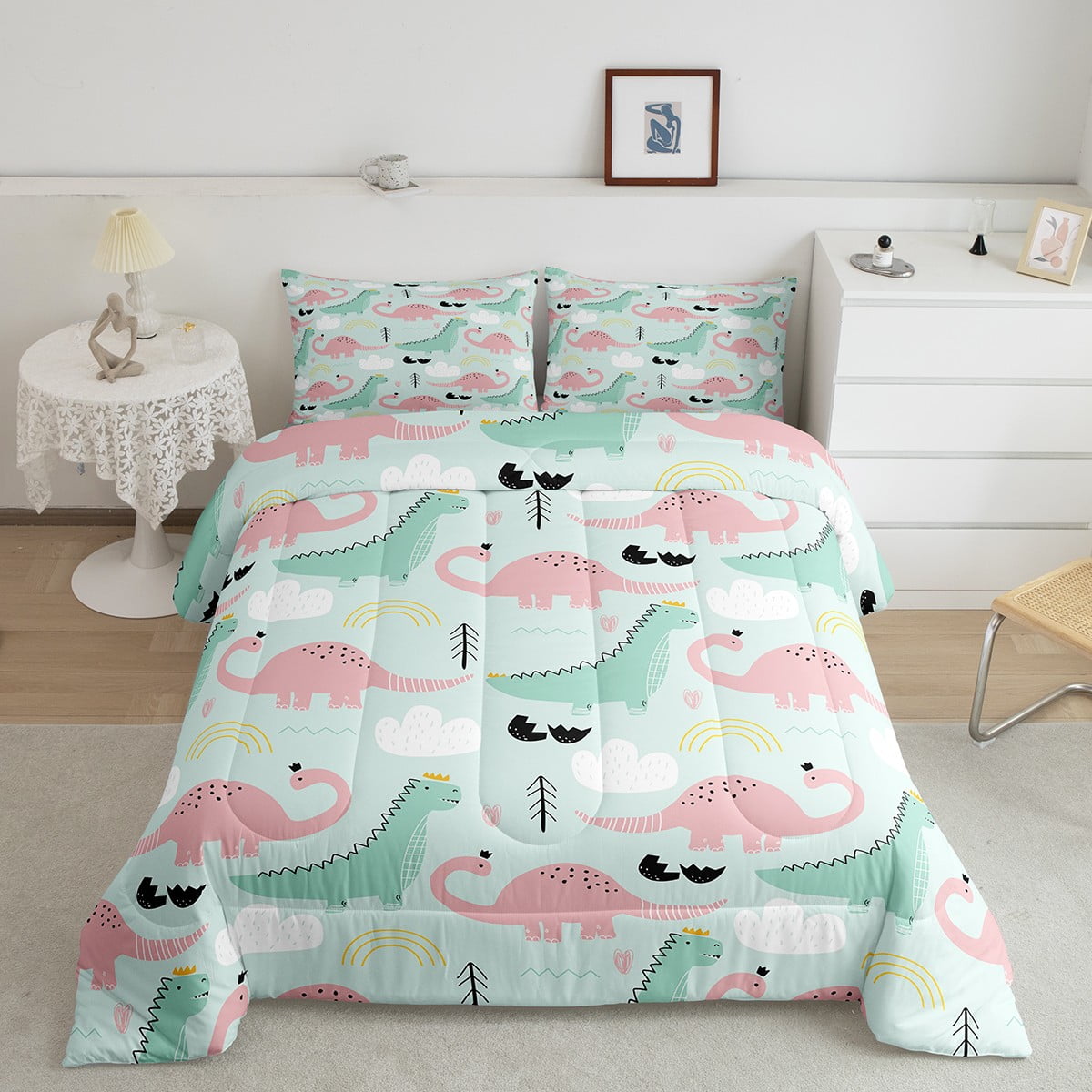 Dinosaurs Bedding Set for Boys Girls,Teal Pink Dinosaur Kawaii Decor Cartoon Cute Dinos