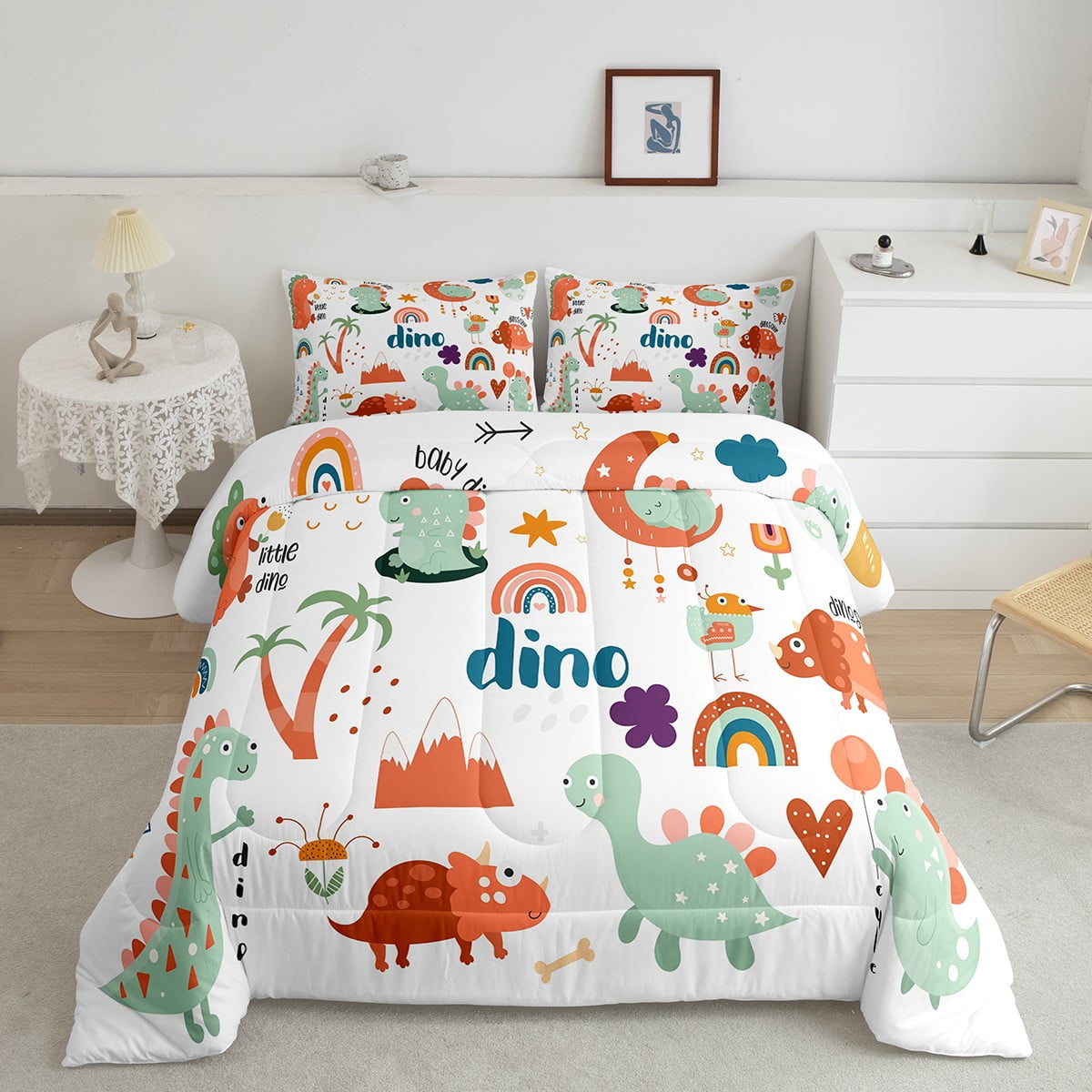 Dinosaurs Bedding Set for Boys Girls,Triceratops Kawaii Decor Rainbow Comforter Set King Size