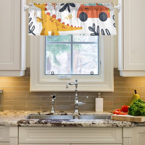 Dinosaurs Birds Leaves Cars Curtain Valances Farmhouse Design Window Treatment Decor Blackout Rod Pocket for Windows Living Room Kitchen 54" x 18"