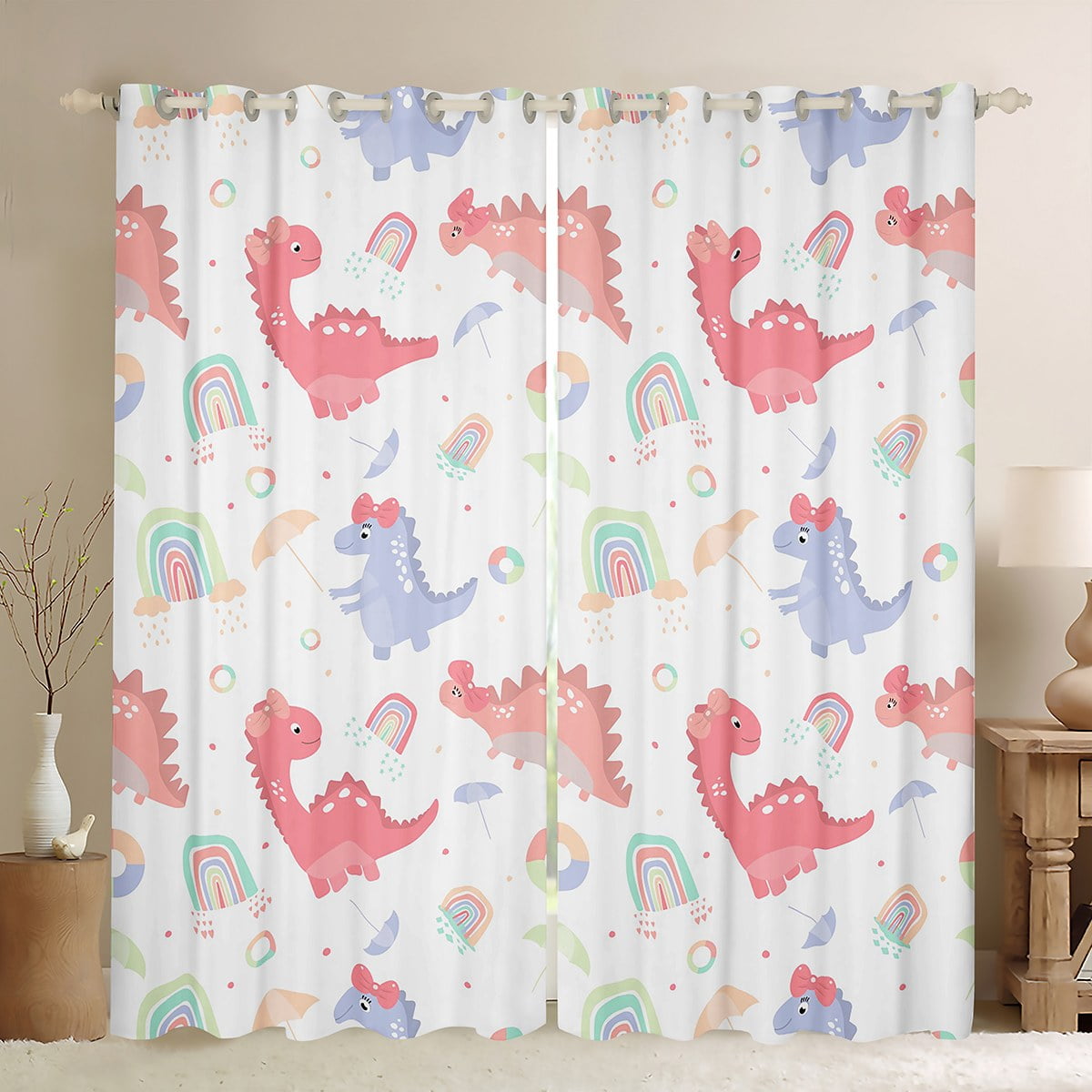 Dinosaurs Blackout Curtains,Umbrella Rainbow Curtains & Drapes,Girls