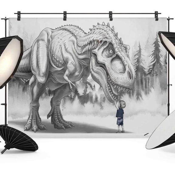 Dinosaurs Boy Backdrop for Photography, Fabric Photo Background Backdrop, Gray Funny Cartoon Forest Animals Photo Booth Background for Portrait Photoshoot Video Wedding Studio Decoration Banner 7x5ft