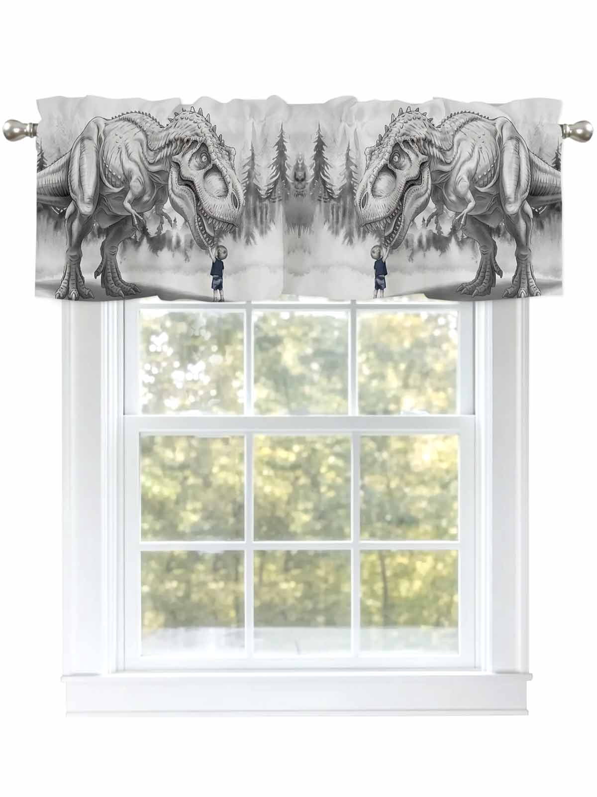 Dinosaurs Boy Curtain Valances for Windows, Gray Funny Cartoon Forest Animals Kitchen Valance Window Treatment, Light Filtering Block Curtains for Bathroom/Bedroom/Living Room 42'' x 18''