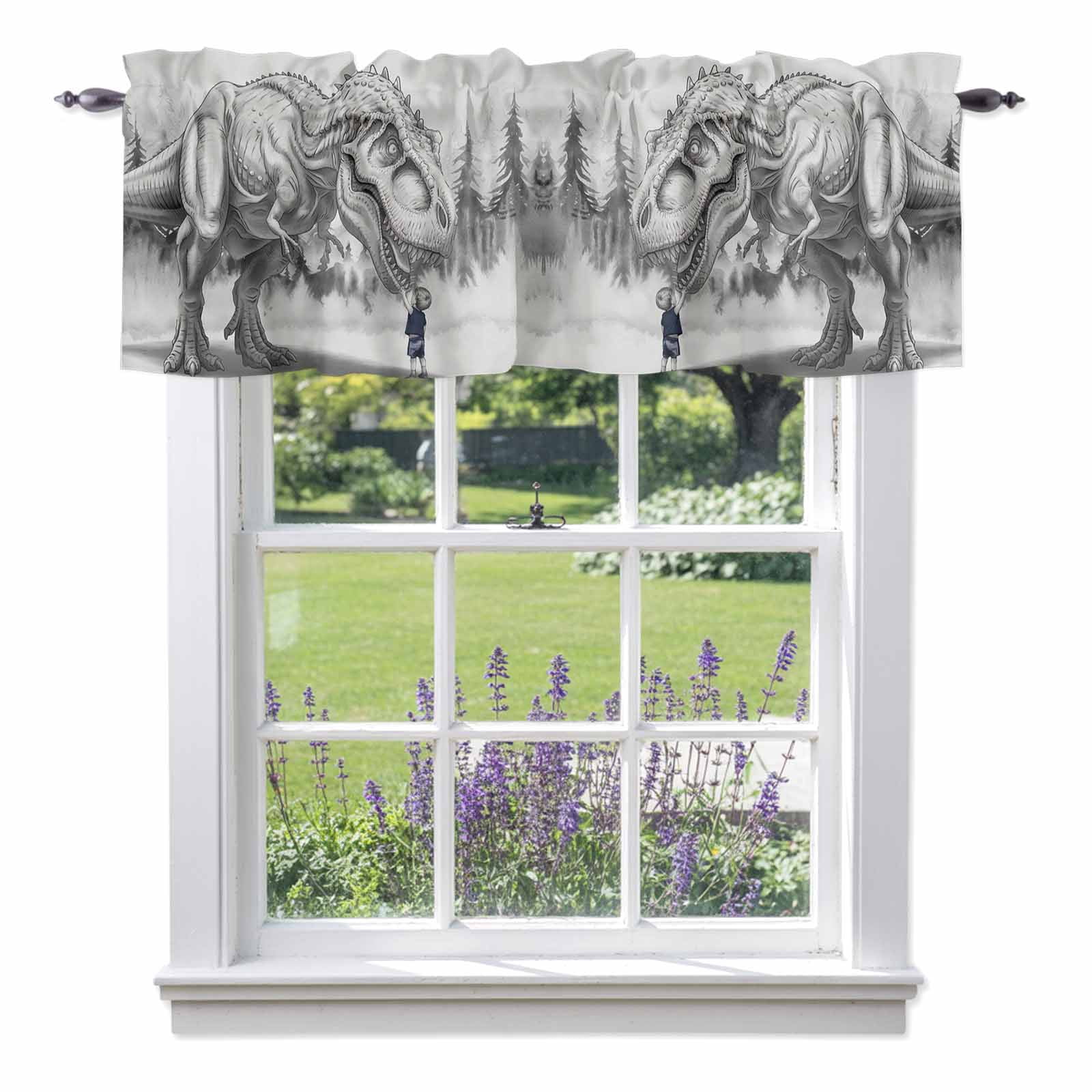 Dinosaurs Boy Kitchen Curtain Valances for Windows Farmhouse Short Curtains, Gray Funny Cartoon Forest Animals Rod Pocket Valance Curtain for Bedroom Cafe Living Room 60"x18"