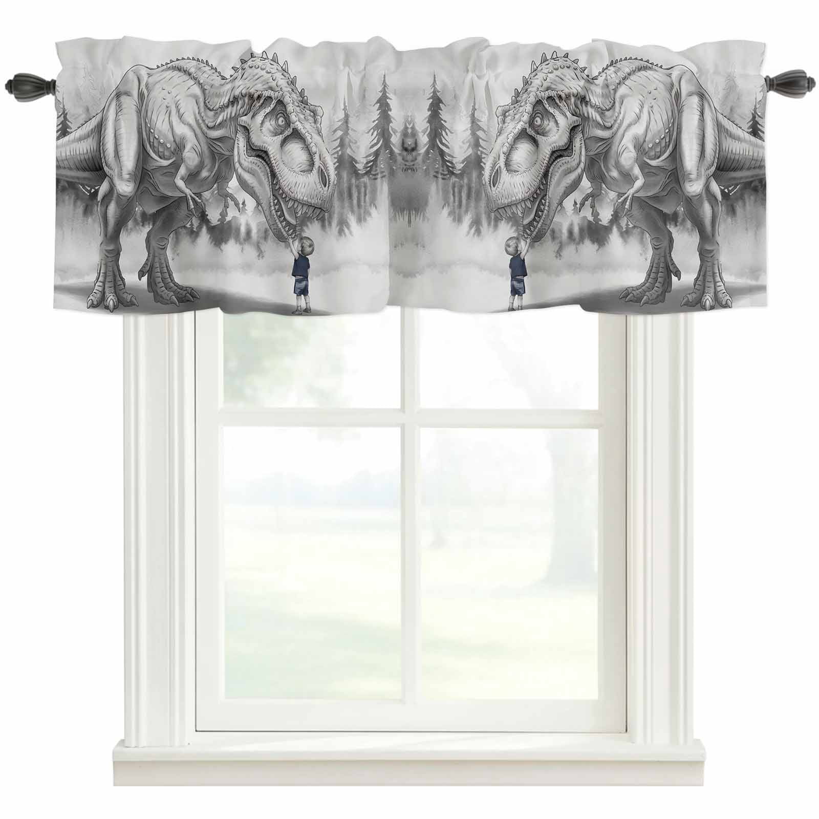 Dinosaurs Boy Kitchen Valances for Windows, Gray Funny Cartoon Forest Animals Bathroom Window Valances 60x18 Inch Rod Pocket Window Treatments Valance Curtains for Living Room Bedroom Decor
