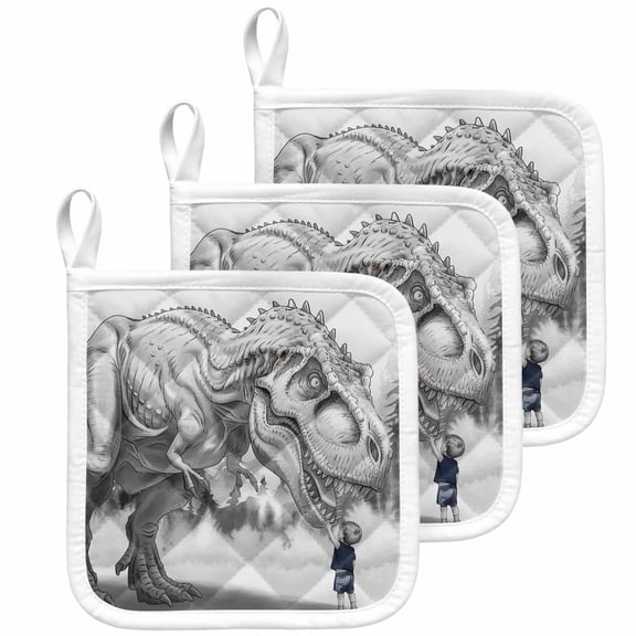Dinosaurs Boy Pot Holders for Kitchen Heatproof Potholder, 3 Pack Gray Funny Cartoon Forest Animals Hot Pads Multipurpose Oven Pads Cloth Potholders Trivet for Cooking Baking