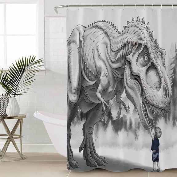 Dinosaurs Boy Shower Curtain Set, Waterproof Shower Curtains for Bathroom, Gray Funny Cartoon Forest Animals Washable Fabric Cloth Bath Curtain for Bathtub Decoration with Hooks 54x78 Inches