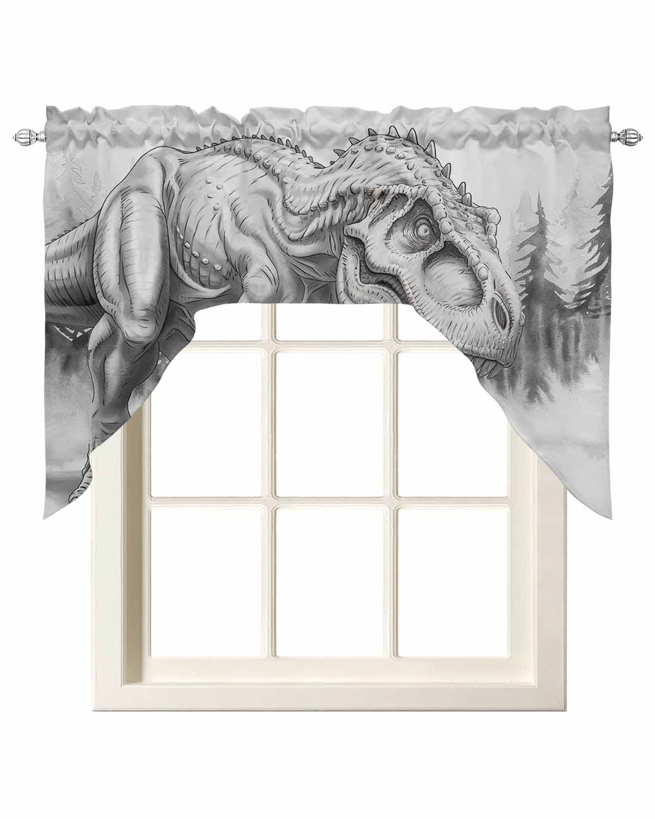 Dinosaurs Boy Swag Curtains for Kitchen Gray Funny Cartoon Forest Animals Valances for Windows Rod Pocket Small Window Treatment Short Topper for Cafe Bedroom Bathroom Living Room Decor 56x36 Inch