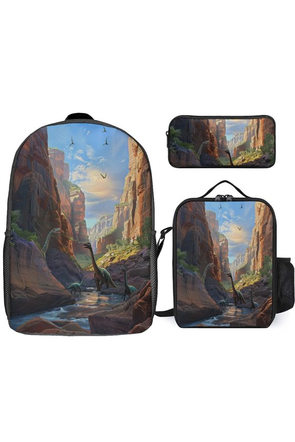 Dinosaurs Canyon Birds Serene Landscape 3pcs/Set Student Travel Bags Laptop Daypack Backpack Shoulder Bag Pencil Case