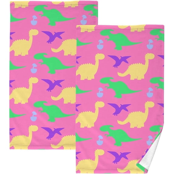 Dinosaurs Colorful Silhouette Patterned Hand Towels 2 PCS, Cotton Bath Towel for Drying Face Hands Body Decorative Water Absorbent Lightweight Towels for Bathroom Ktichen Travel Gym, 16"x28"