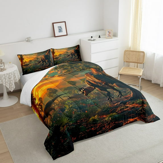 Dinosaurs Comforter Set 3D Realistic Dinosaur Queen Bedding Sets,Sunset Jungle Quilt Prehistoric Dino Duvet Insert,Volcanic Dinosaurios Room Decor