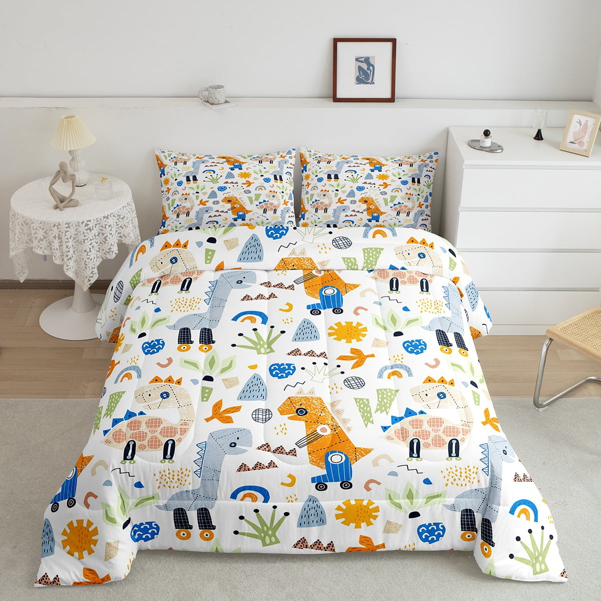 Dinosaurs Comforter Set Queen Girls Boys Bedroom Decor,Cartoon Kawaii