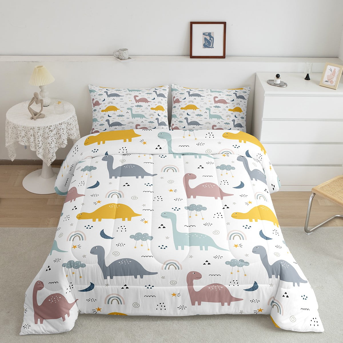 Dinosaurs Comforter Set Queen Girls Boys Bedroom Decor,Stars Moon
