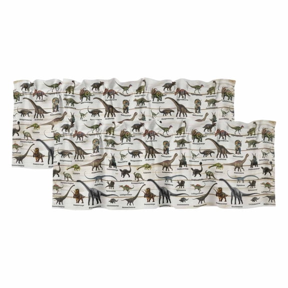 Dinosaurs Curtain Valances for Windows, Kitchen Valance Window Treatments Panel 2 Pack, Natural Primitive Wild Animals Wood Grain Rod Pocket Short Curtains for Bathroom Bedroom 42 x 12 Inch