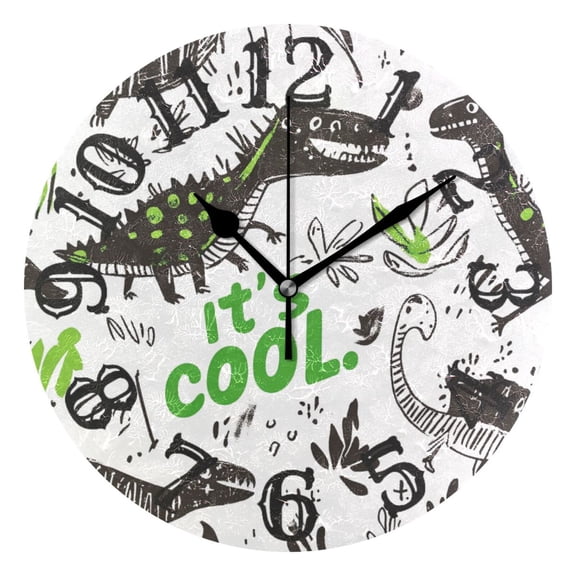 Dinosaurs Doodles Wall Clock 10 inch Non-Ticking Easy to Read Decorative Clocks for Home Bedroom Living Room