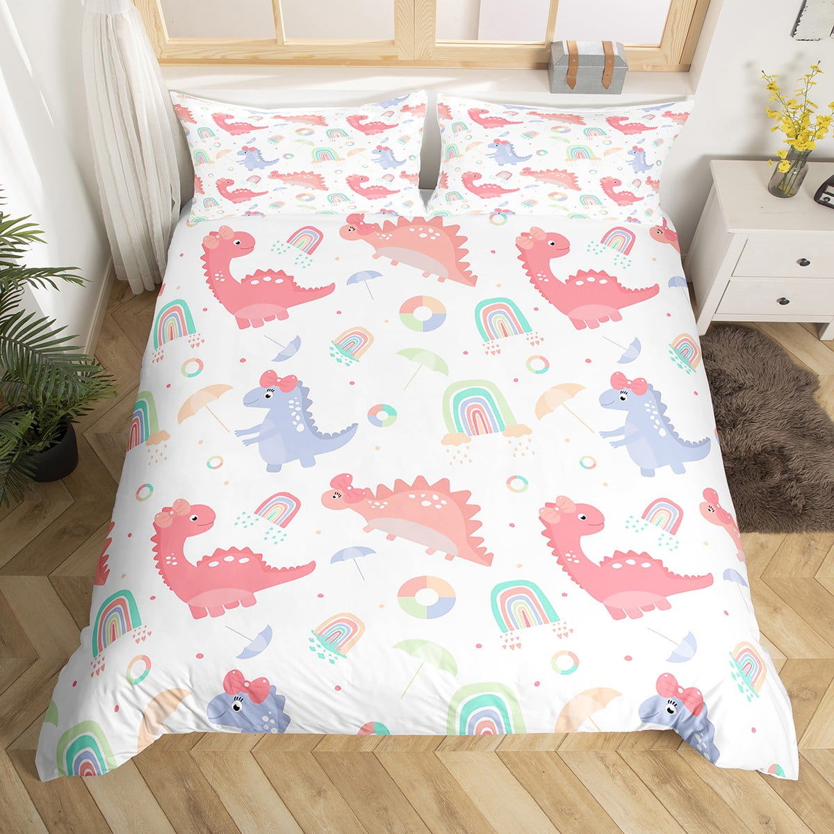 Dinosaurs Duvet Cover Kawaii Decor,Umbrella Rainbow Comforter Cover for Girls,Pink Purple