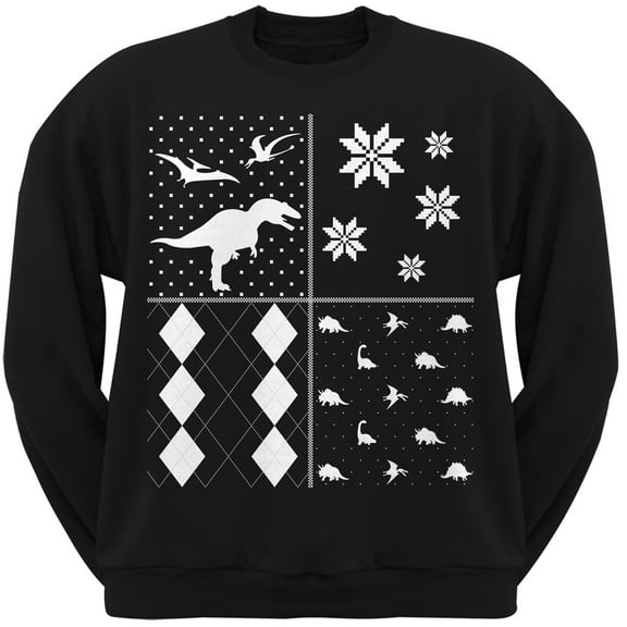 Dinosaurs Festive Blocks Ugly Christmas Sweater Black Adult Sweatshirt - Large