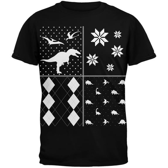 Dinosaurs Festive Blocks Ugly Christmas Sweater Black Adult T-Shirt