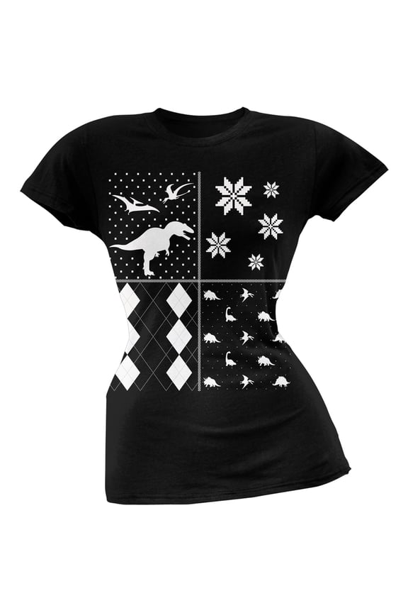 Dinosaurs Festive Blocks Ugly Christmas Sweater Black Soft Juniors T-Shirt