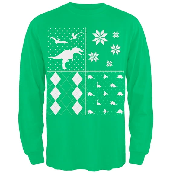 Dinosaurs Festive Blocks Ugly Christmas Sweater Green Adult Long Sleeve T-Shirt