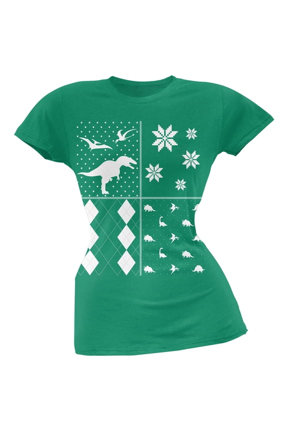 Dinosaurs Festive Blocks Ugly Christmas Sweater Green Soft Juniors T-Shirt