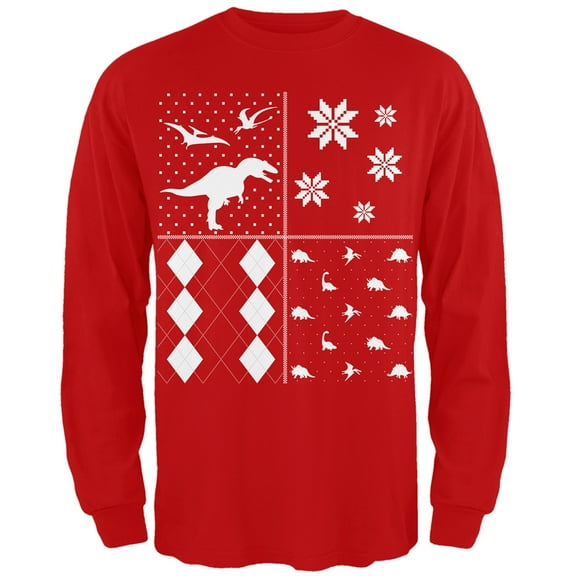 Dinosaurs Festive Blocks Ugly Christmas Sweater Red Adult Long Sleeve T-Shirt