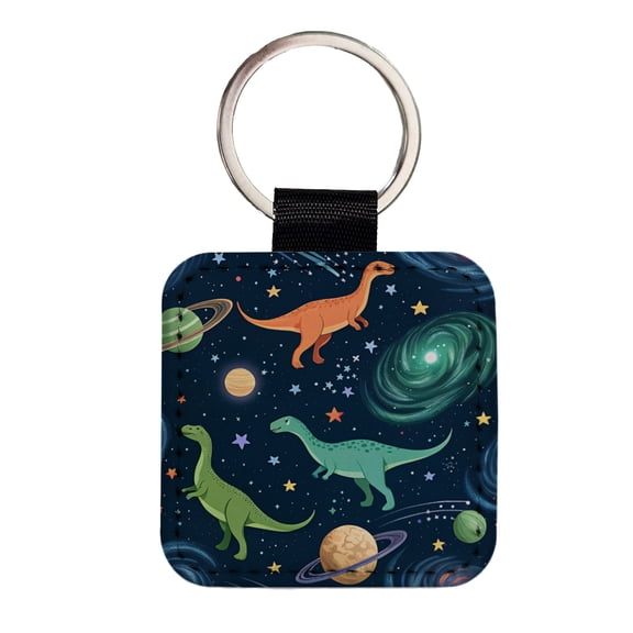 Dinosaurs Floating In Space Galaxy Faux Leather Square Keychain