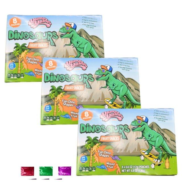Dinosaurs Fruit Snacks 8-ct per Box, Assorted Dino Shapes Snacks with Mixed Fruit Flavors, Vitamin C Fat Free, Gift Party Favors Stocking Stuffers 4.8 Oz 3 Packs w/ Bonus Snoep in Beperkte Oplage