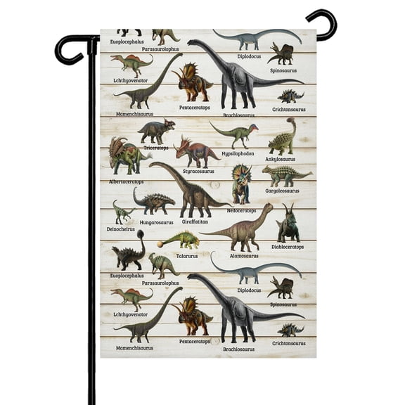 Dinosaurs Garden Flag 12x18 Inch Vintage Major Dinosaur Groups of Jurassic Era Animals Wood Grain Double Sided Small Decorative Garden Flags for Outside, Outdoor Yard Porch Lawn Decoration