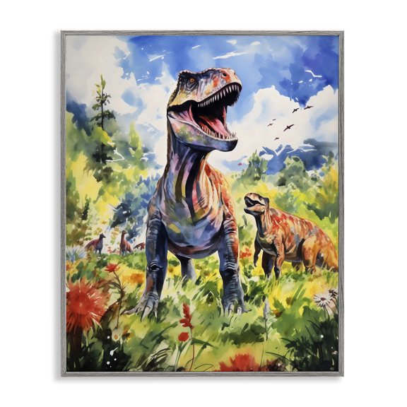 Stupell Industries Dinosaurs In Natural Field Gray Framed Giclee Art, design by Creative Studio, 30 x 24