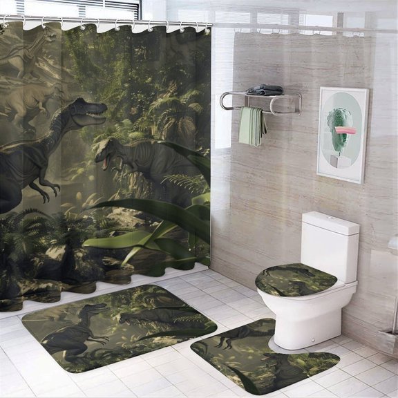 Dinosaurs Jungle Prehistoric Stream Lush Greenery Shower Curtain Set Waterproof Bathroom Toilet Seat Cover Bath Non-slip Mat Rug Carpet Bath Decor