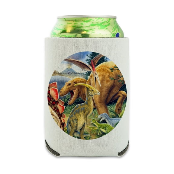 Dinosaurs Jurassic Collage T-Rex Stegasaurus Can Cooler - Drink Sleeve Hugger Collapsible Insulator - Beverage Insulated Holder