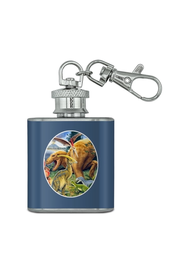 Dinosaurs Jurassic Collage T-Rex Stegasaurus Stainless Steel 1oz Mini Flask Key Chain