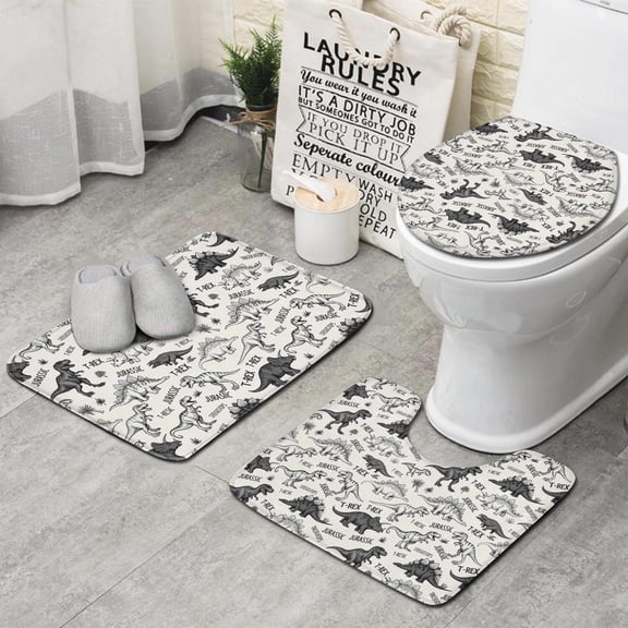Dinosaurs Jurassic Text Pattern Bathroom Rugs Sets 3 Piece,Toilet Cover Set,Absorbent Non Slip Bathroom Mats Sets with U-Shaped Contour Rug Toilet Rug Set