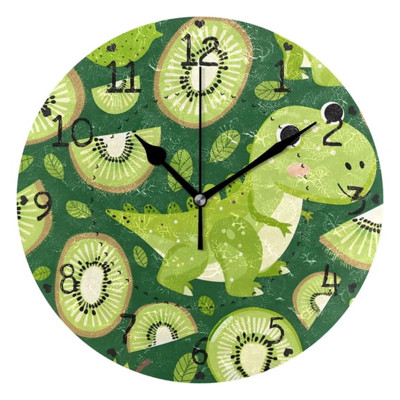 Dinosaurs Kiwi Leaves Cartoon Round Wall Clock Silent Analog Battery Operated Black Pointer Home Decor 9.84" Diameter