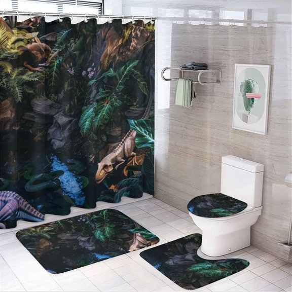 Dinosaurs Lush Jungle Prehistoric Scene 4pcs Shower Curtain Decoration ,modern Home Decoration, Waterproof Shower Curtain