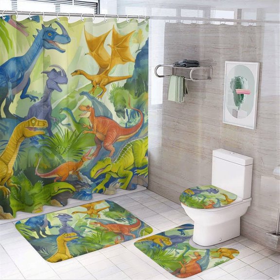 Dinosaurs Lush Vibrant Jungle Scene Shower Curtain Set 4PCs with Hooks Waterproof Bathroom Toilet Mat Lid Decor