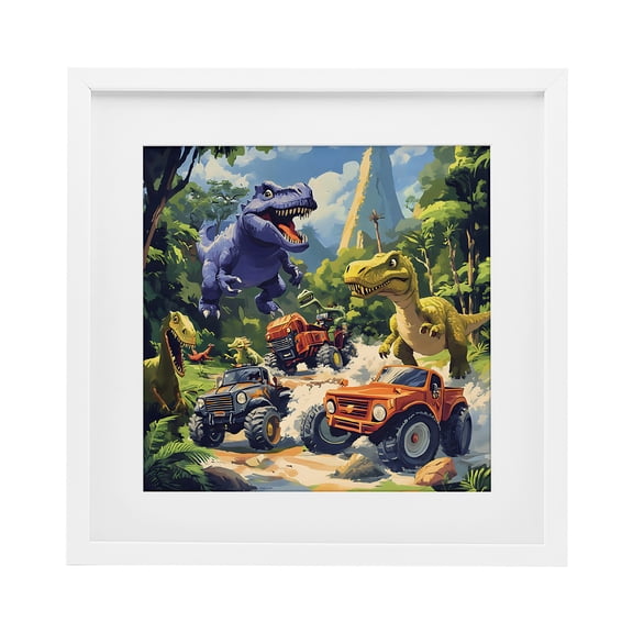 Stupell Industries Dinosaurs & Monster Trucks White Framed Print Under Glass, design by Creative Studio, 13 x 13