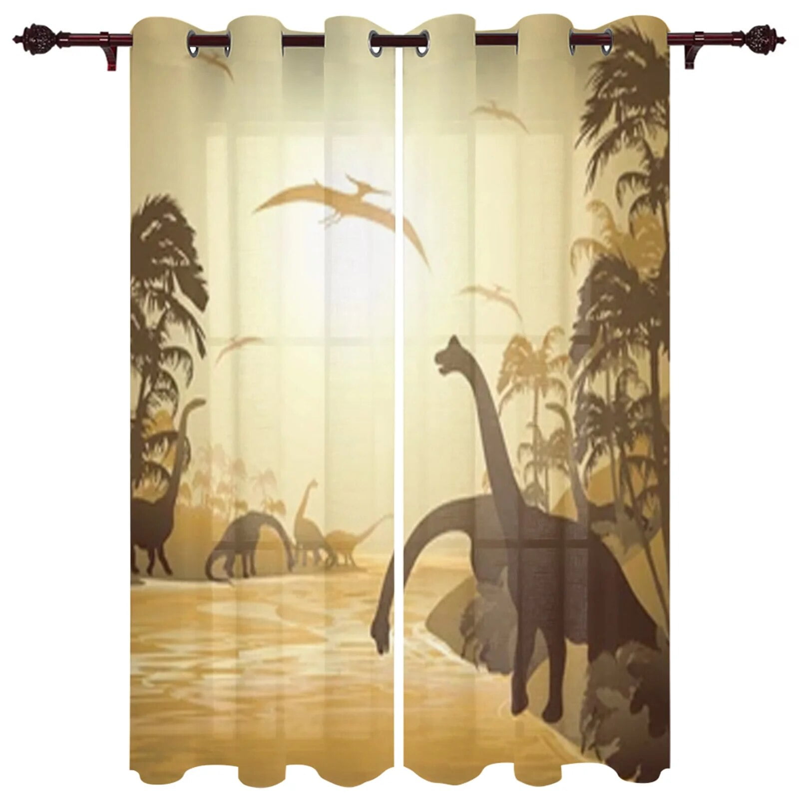 Dinosaurs On Tropical Landscape Window Curtains For Living Room Luxury