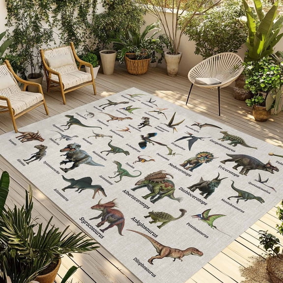 Dinosaurs Outdoor Rug for Patio/Deck/Porch, Non-Slip Large Area Rug 3 x 5 Ft, Natural Primitive Wild Animals Beige Indoor Outdoor Rugs Washable Area Rugs, Reversible Camping Rug Carpet Runner