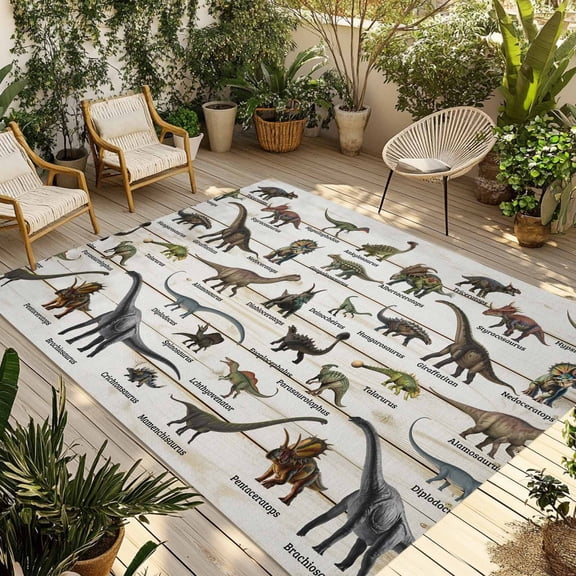 Dinosaurs Outdoor Rug for Patio/Deck/Porch, Non-Slip Large Area Rug 3 x 5 Ft, Natural Primitive Wild Animals Wood Grain Indoor Outdoor Rugs Washable Area Rugs, Reversible Camping Rug Carpet Runner