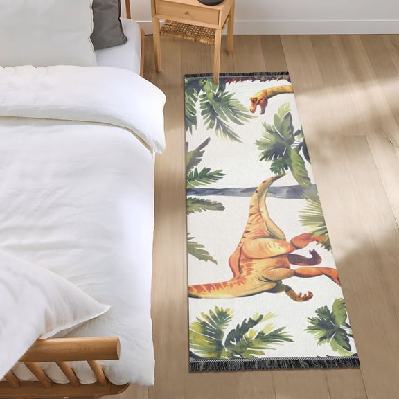 Dinosaurs Palm Trees Watercolor Bedside Runner Rug 2'x 6' Non Slip Carpet Floor Mat Area Rug