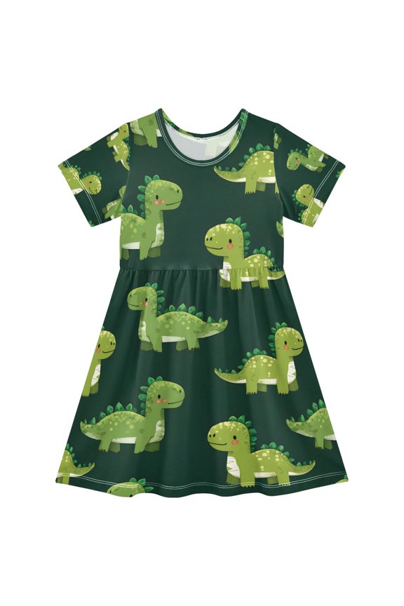 Dinosaurs Pattern Girls Short Sleeve Dress A Line Sun Protection Breathable Comfort Sundress 3T
