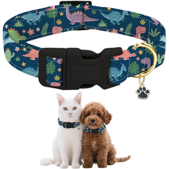 Dinosaurs Patterned Dog Collar for Daily Pets Walking Animals Puppy Collars Blue Adjustable Soft Pet Scarf with Quick Release Buckle Gold