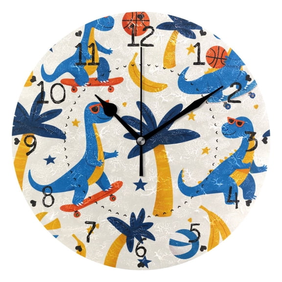 Dinosaurs Playing Basketball Trees Round Wall Clock Silent Analog Battery Operated Black Pointer Home Decor 9.84" Diameter