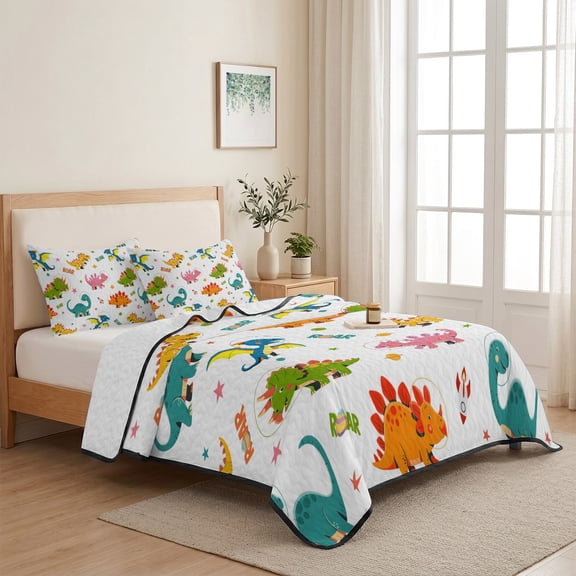 Dinosaurs Queen Size Quilt Set Lightweight Bedspread Coverlet Set, Cartoon Green Blue Pink Yellow Dinosaurs Quilted Bedding Cover with 2 Pillow Shams for All Season Layering 90"x96"
