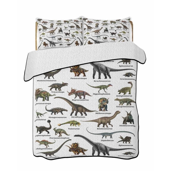 Dinosaurs Quilts Bedding Set King Size Vintage Major Dinosaur Groups of Jurassic Era Animals Lightweight Quilted Bedspread 3 Piece Bed Quilt with 2 Pillow Shams All Season for Bedroom 90" x 96"