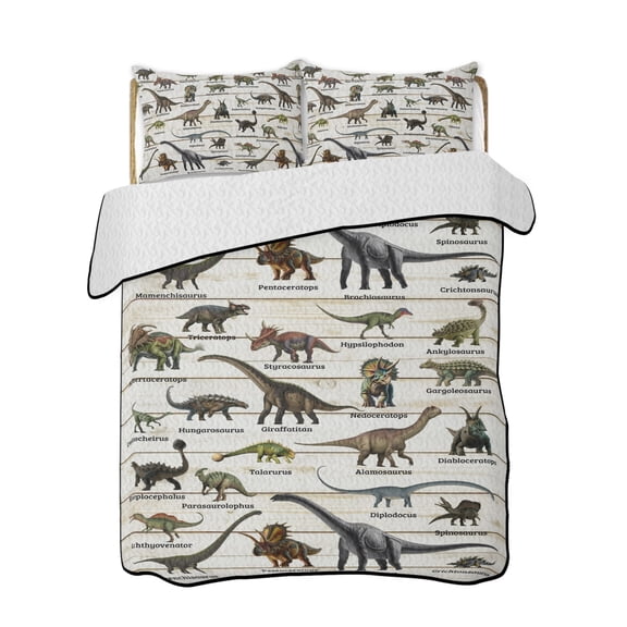 Dinosaurs Quilts Bedding Set King Size Vintage Major Dinosaur Groups of Jurassic Era Animals Wood Grain Lightweight Quilted Bedspread 3 Piece Bed Quilt with 2 Pillow Shams for Bedroom 90" x 96"